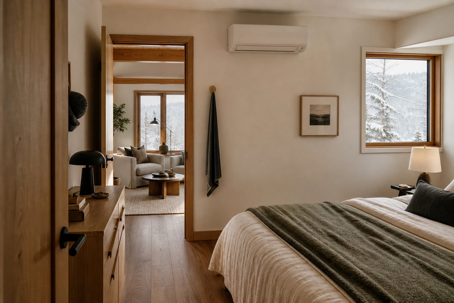 Warm bedroom connected to a living space with a wall-mounted heat-pump unit