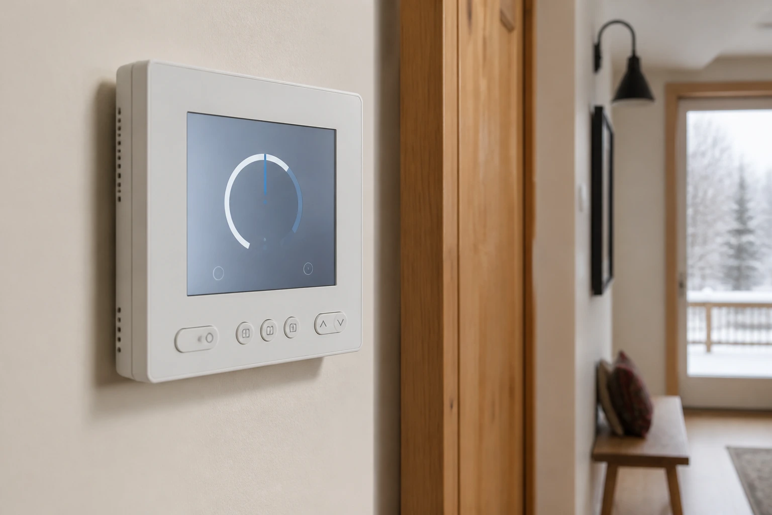 Generic heat-pump wall controller in a warm Vernon home during winter