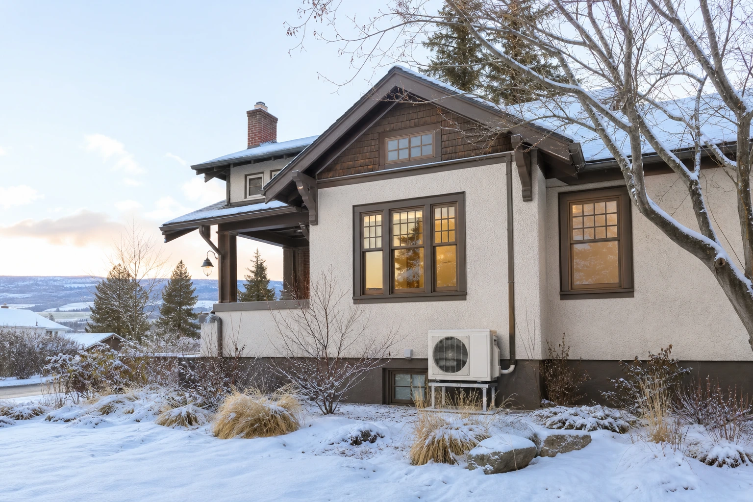 Older Vernon home in winter with a discreetly sited outdoor heat-pump unit