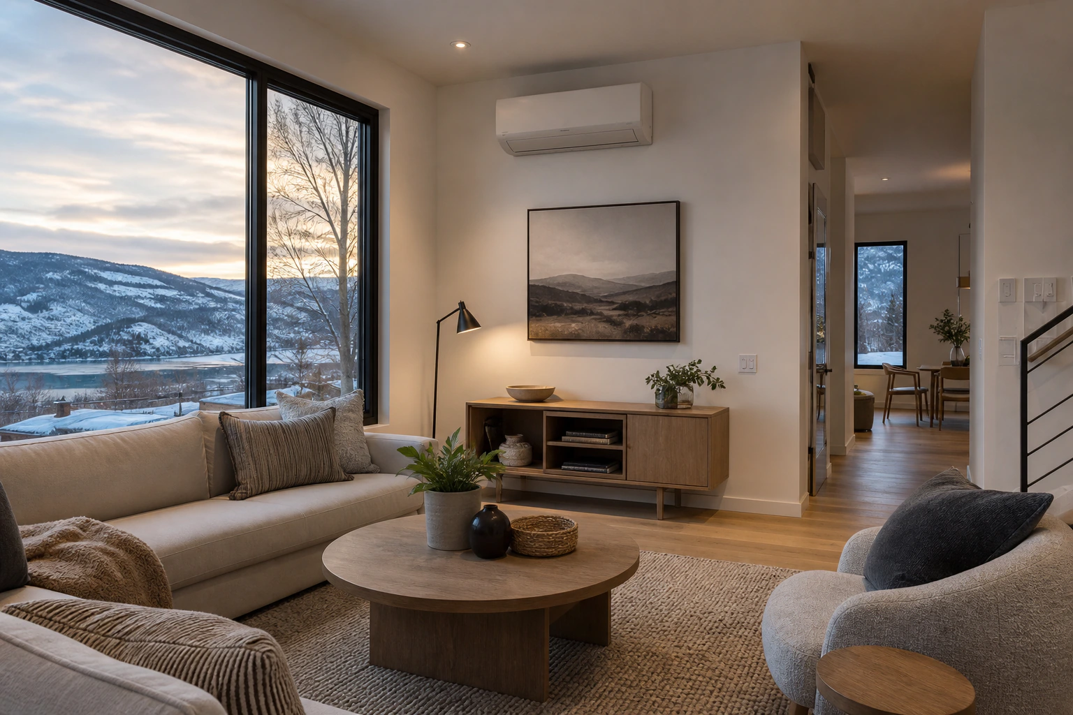 Warm Vernon living room with a wall-mounted heat-pump indoor unit and a snowy valley view